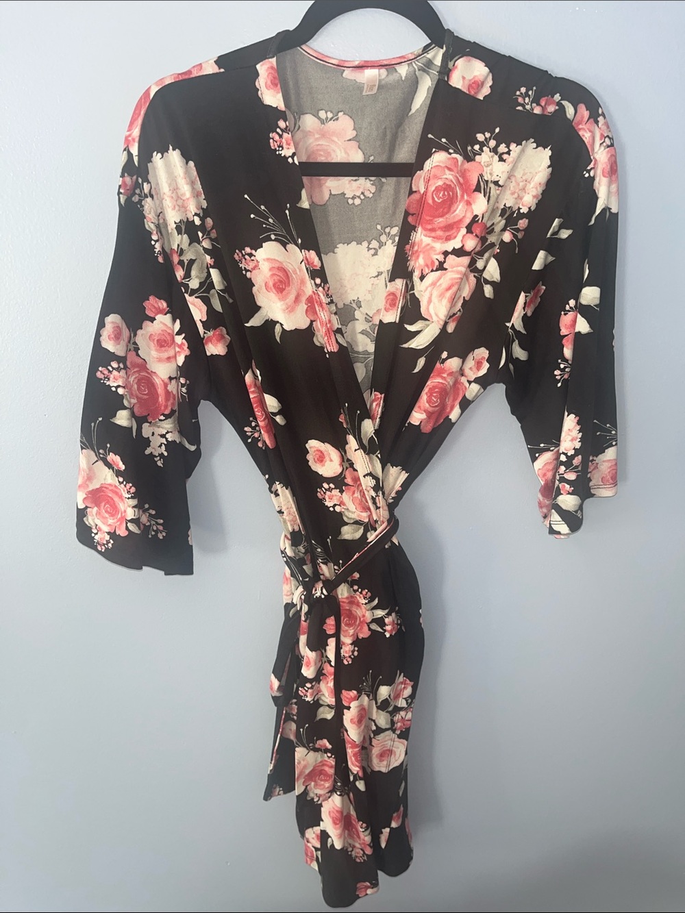 Floral Robe for Women - Black with Pink Rose Print